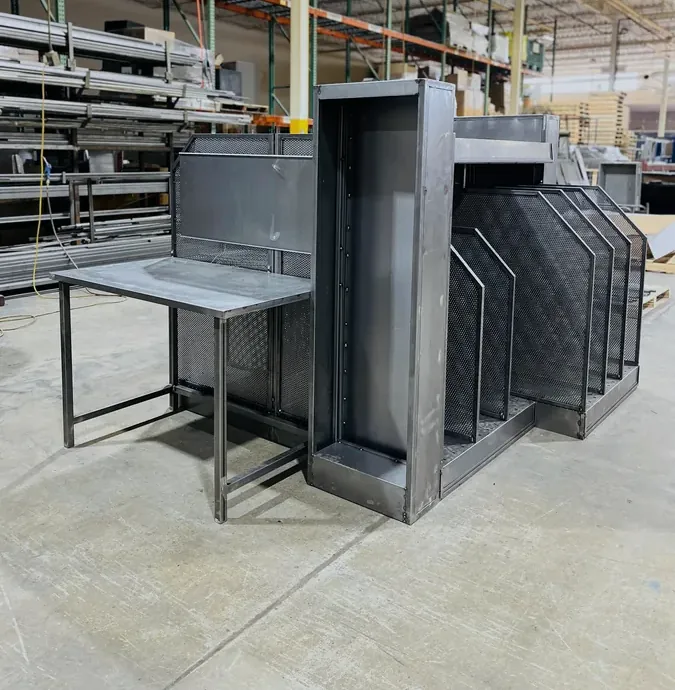 Welded steel units staged for assembly and production
