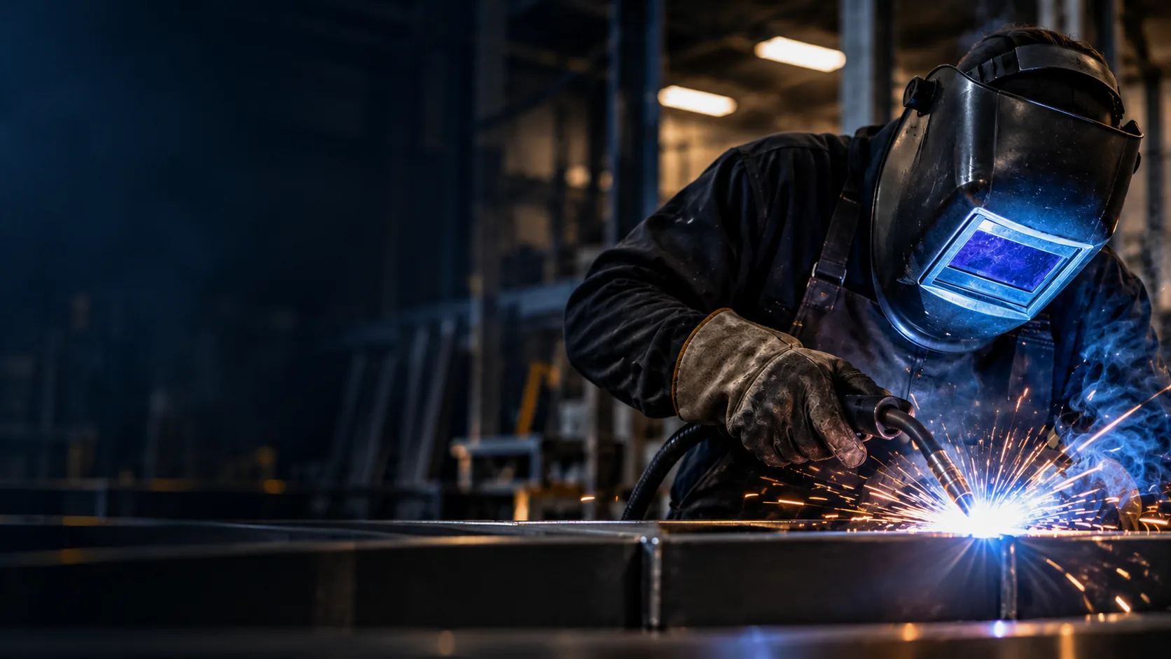 Welder fabricating a steel frame at the Aeco Displays shop in Brampton